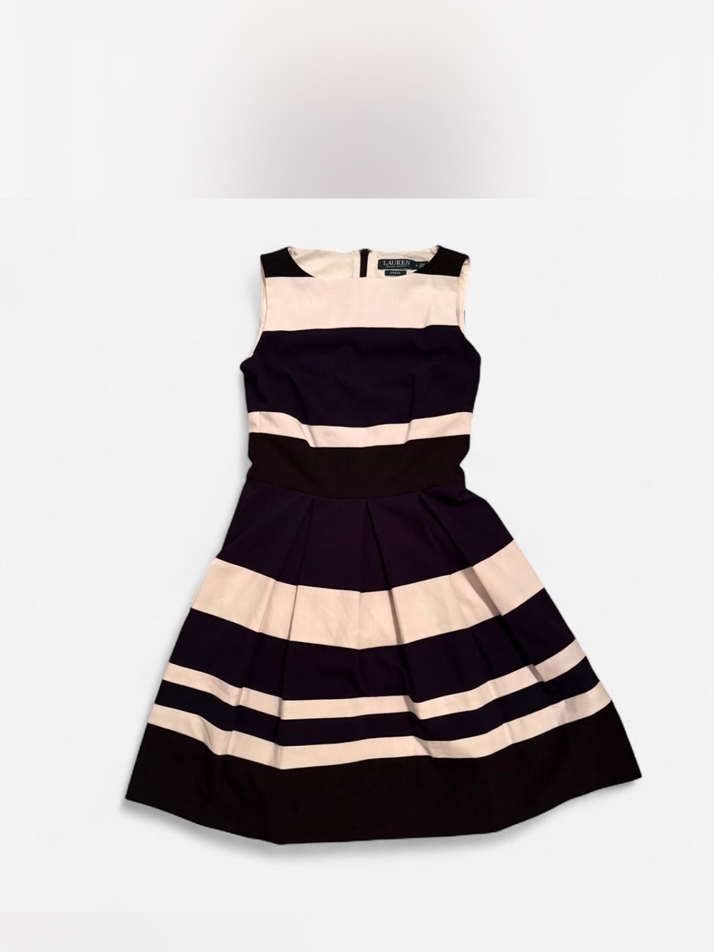 Ralph Lauren Navy and Cream Striped Sleeveless Fit-and-Flare Dress
